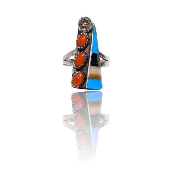 Jewelry - Sterling Silver Zuni Ring w/ Coral, Turquoise & Onyx Inlay – Size 6.25